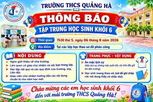 THÔNG BÁO TẬP TRUNG HỌC SINH LỚP 6 NĂM HỌC 2025-2026