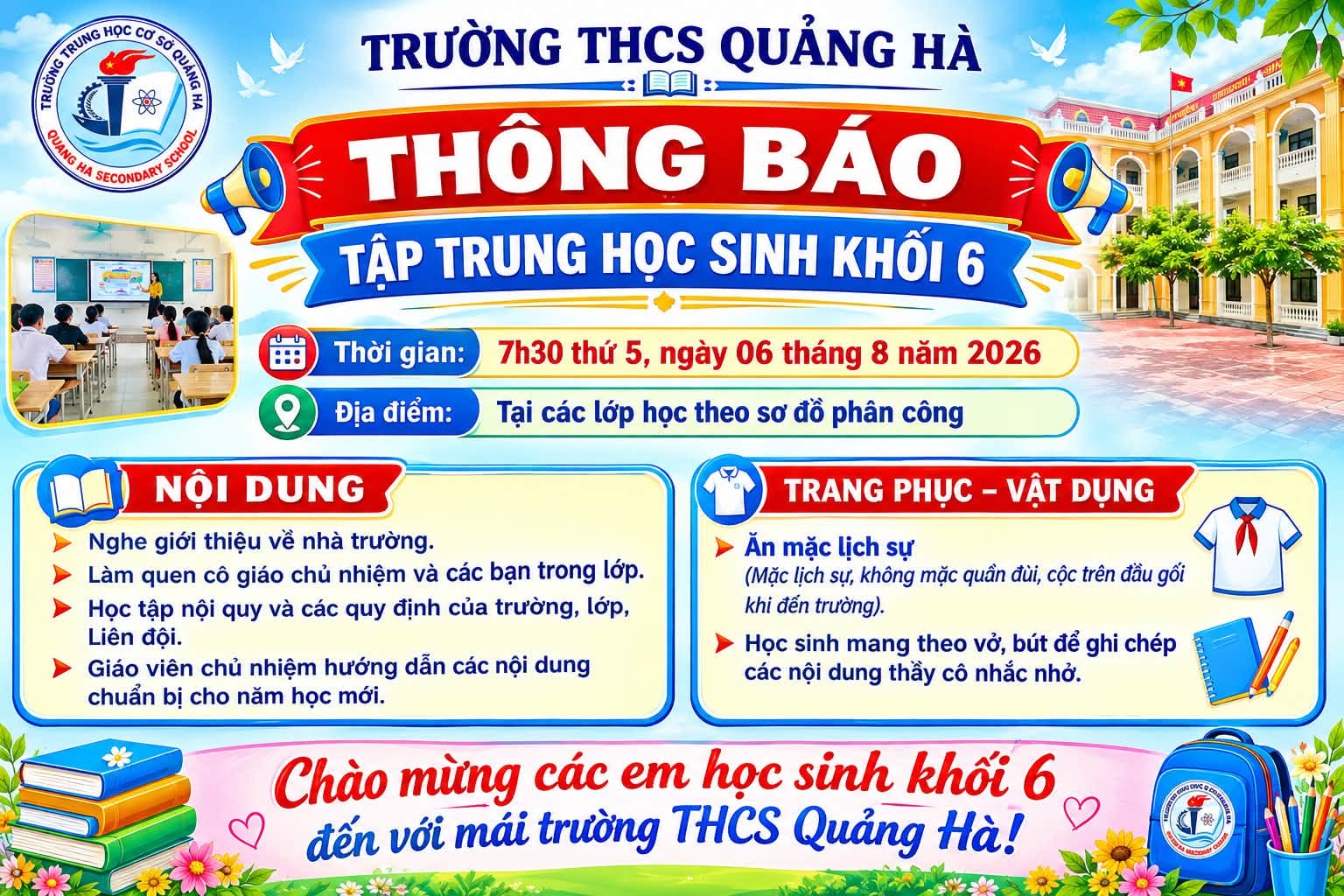 THÔNG BÁO TẬP TRUNG HỌC SINH LỚP 6 NĂM HỌC 2025-2026